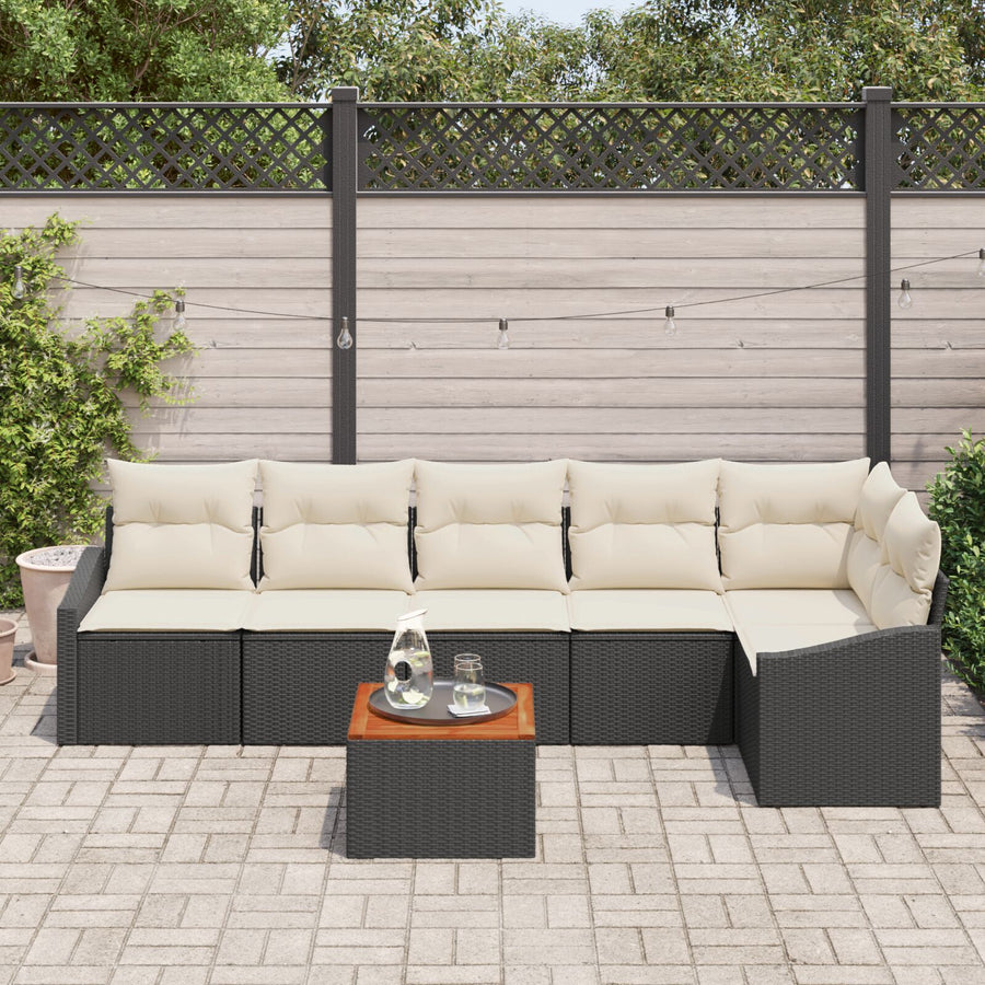 7 Delige Tuin Sofa Set Met Kussens Zwart Poly Rattan Acacia
