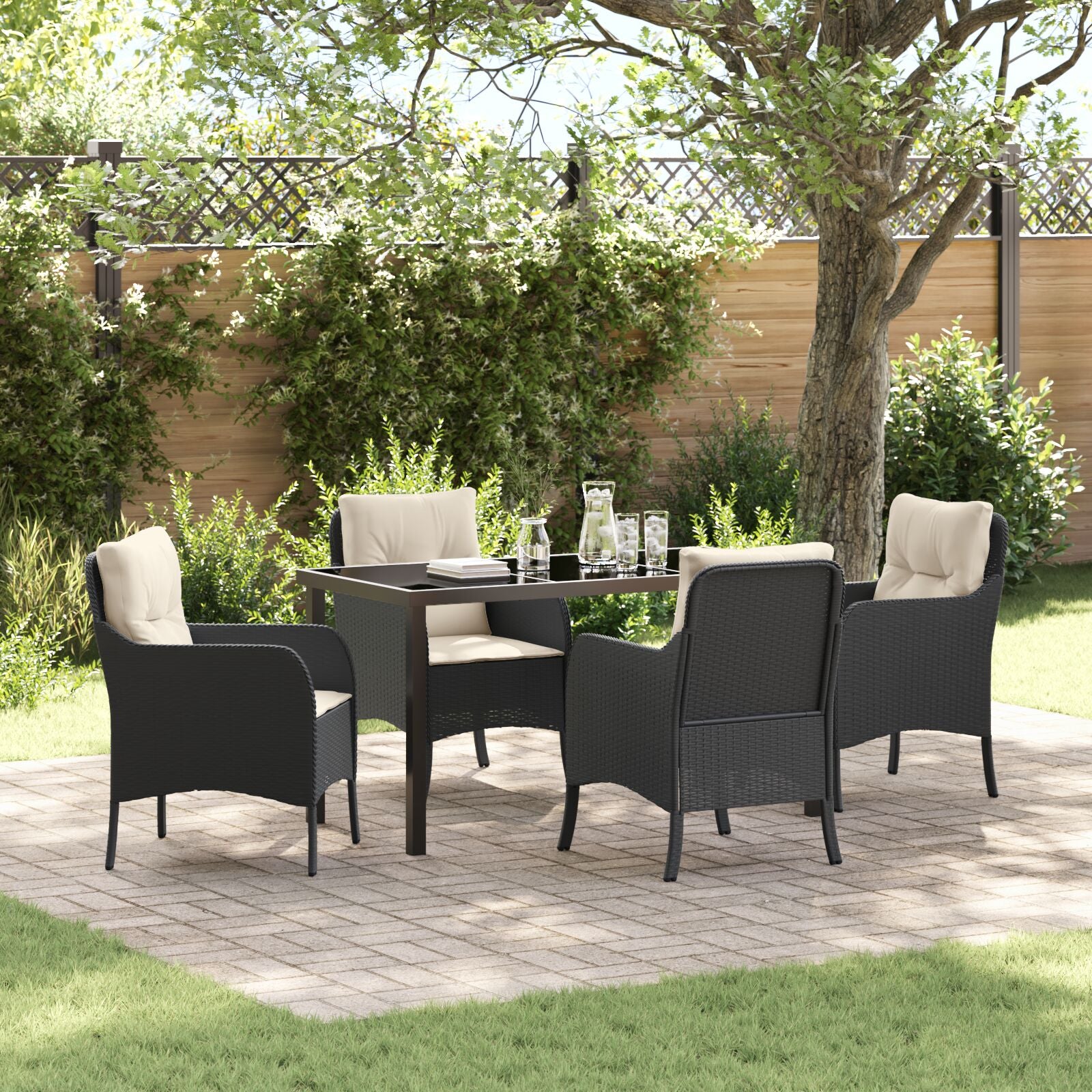 5-Delige Tuin Eetset Met Kussens Zwart Poly Rattan