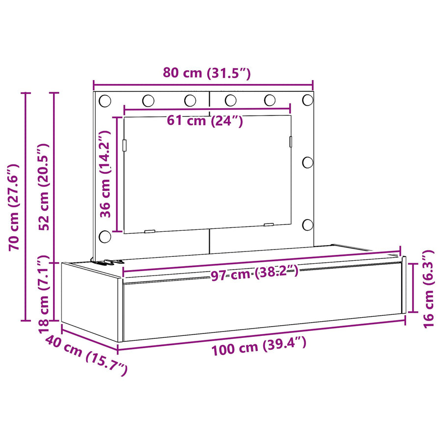 Wandkaptafel -Lampen Grijze Sonama 100 x 40 x 70 cm Grijze sonoma met LED