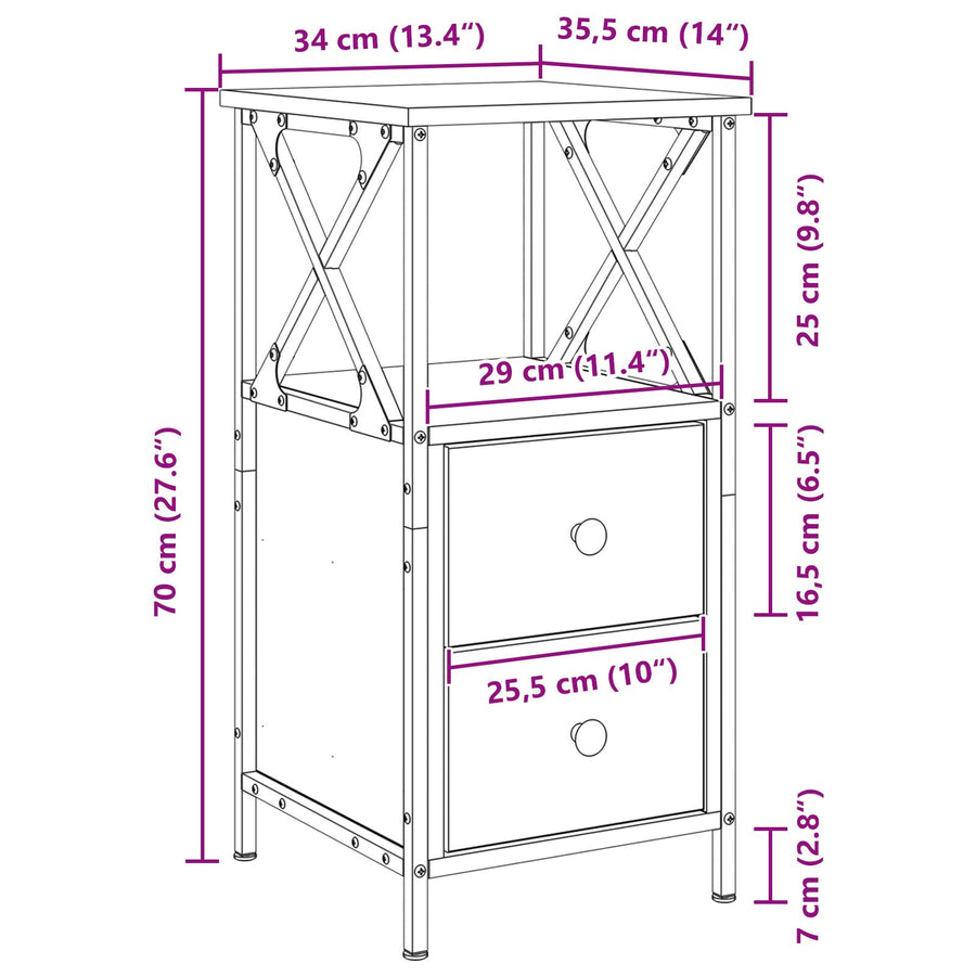 Nachtkastjes 2 Stuks Zwart Eiken 34X35,5X70 Cm Bewerkt Hout