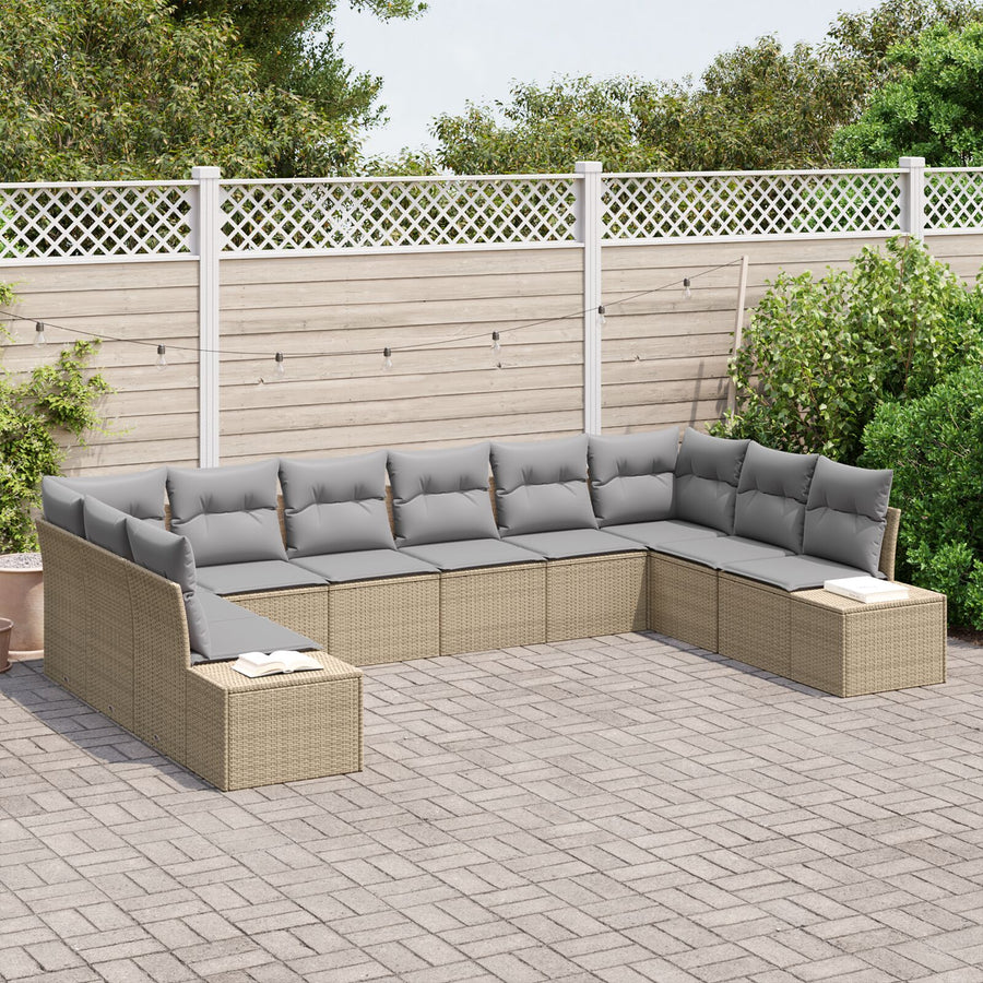 10-Delige Tuin Sofa Set Met Kussens Poly Rattan Beige en grijs zonder tafel