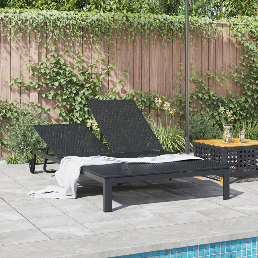 Zonnebed Met Kussens En Wielen Voor 2 Personen Poly Rattan Zwart 200 x 109 x 27,5 cm