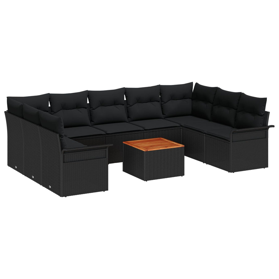 10 Delige Tuin Sofa Set Met Kussens Zwart Poly Rattan Acacia