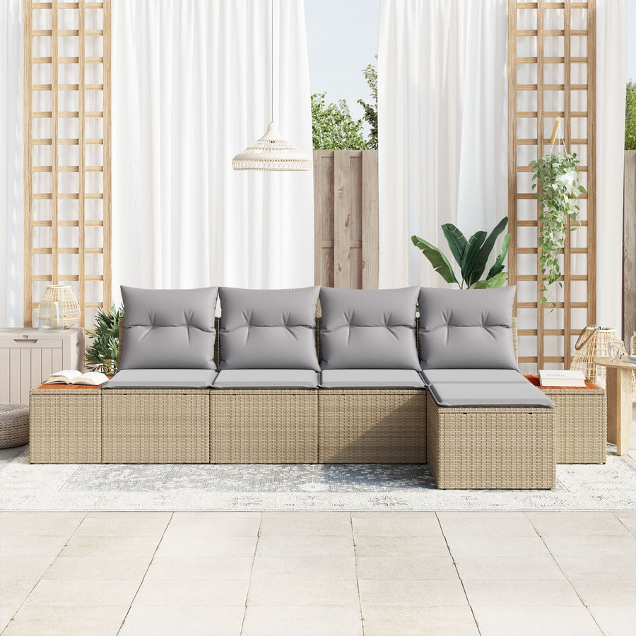 5-Delige Tuinbankstel Met Kussens Beige Poly Rattan Acacia