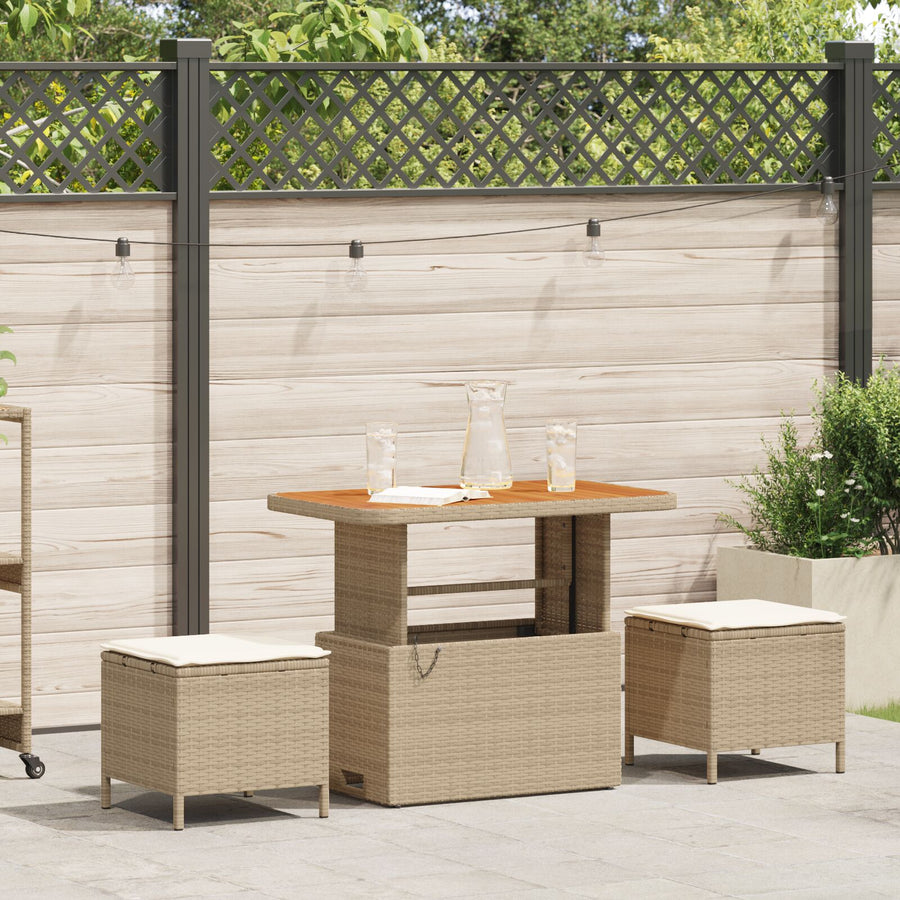 3-Delige Tuin Eettafel Set Met Kussens Poly Riet Acacia 90 cm Beige en crème 2 krukken