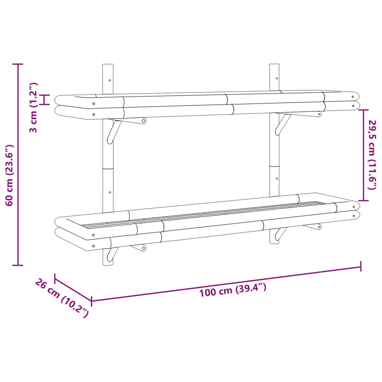 Wandplank 2-Tier 100X26X60 Cm Bamboe 100 cm