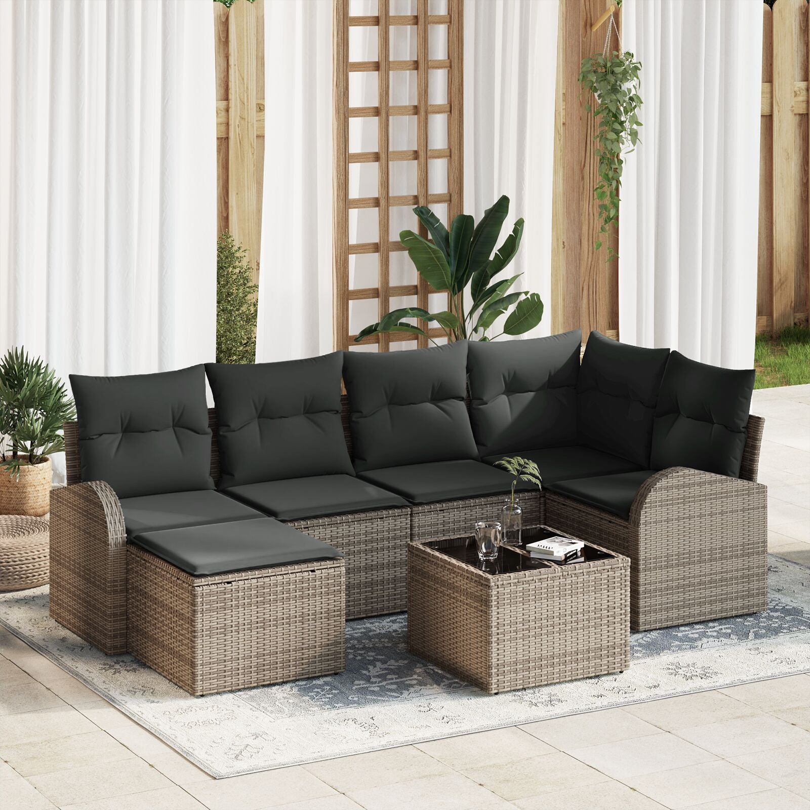 6-Delige Tuin Sofa Set Met Kussens Zwart Poly Rattan