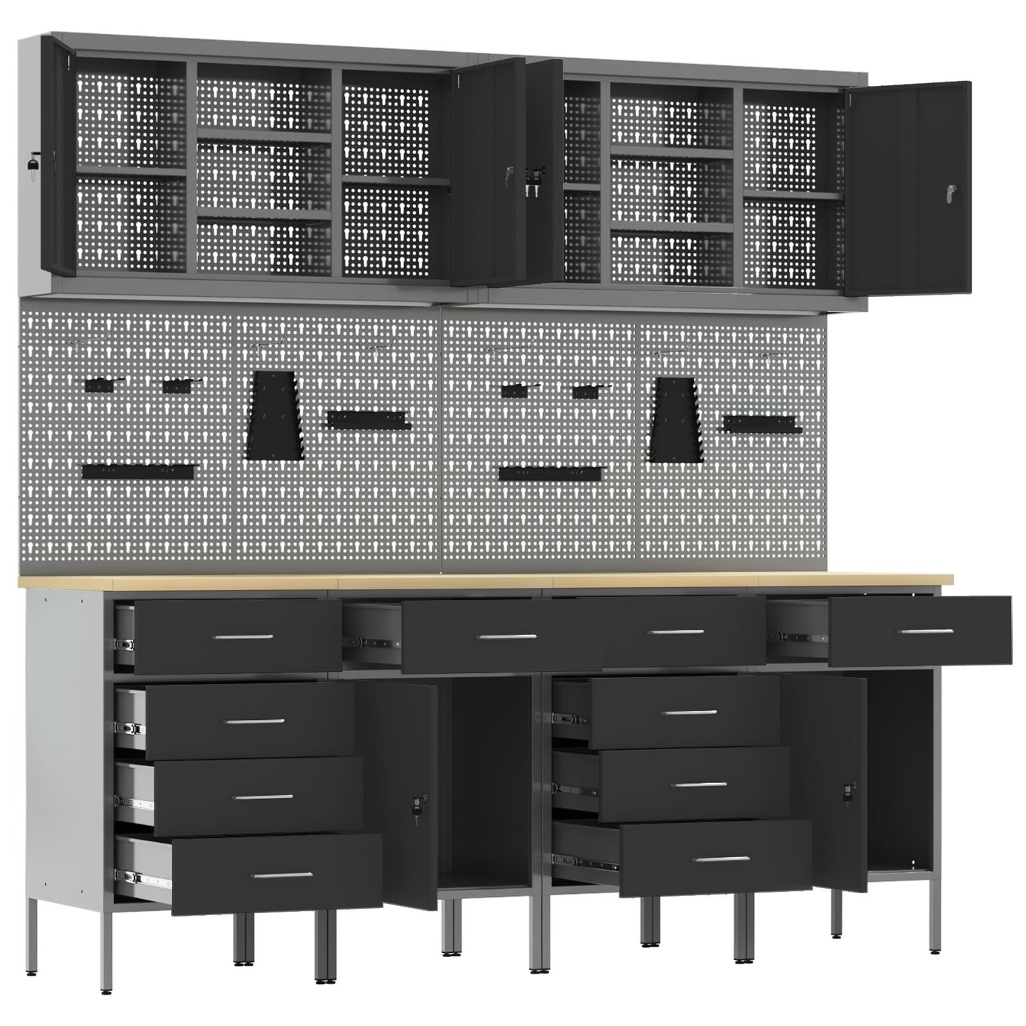 10-Delige Werkcabinet En Pegboard Set Mdf En Metaal 4x (2x84/2x85 cm) Zwart 4x kast + 4x pegboard + 2x gereedschapskast