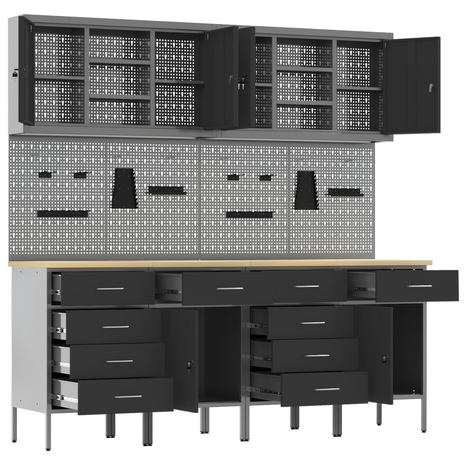 10-Delige Werkcabinet En Pegboard Set Mdf En Metaal 4x (2x84/2x85 cm) Zwart 4x kast + 4x pegboard + 2x gereedschapskast