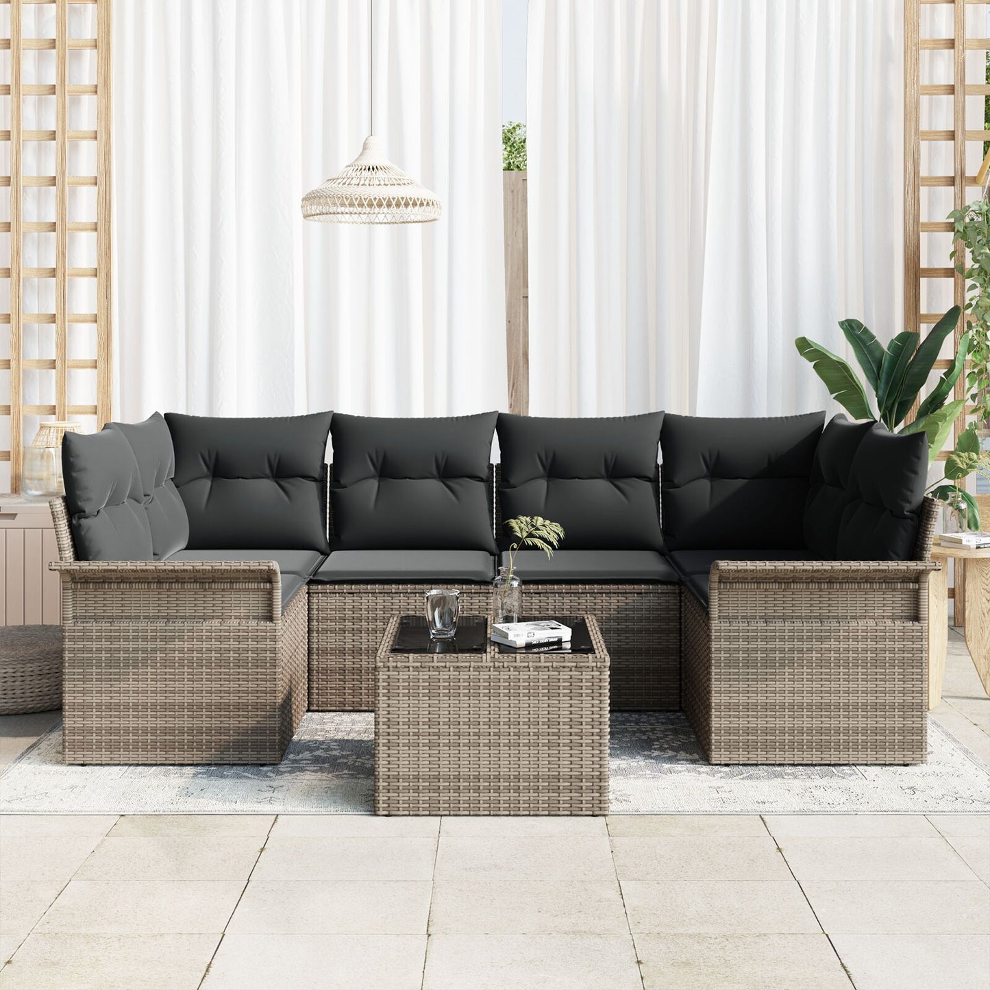 7-Delige Tuin Sofa Set Met Kussens Grijs Poly Rattan
