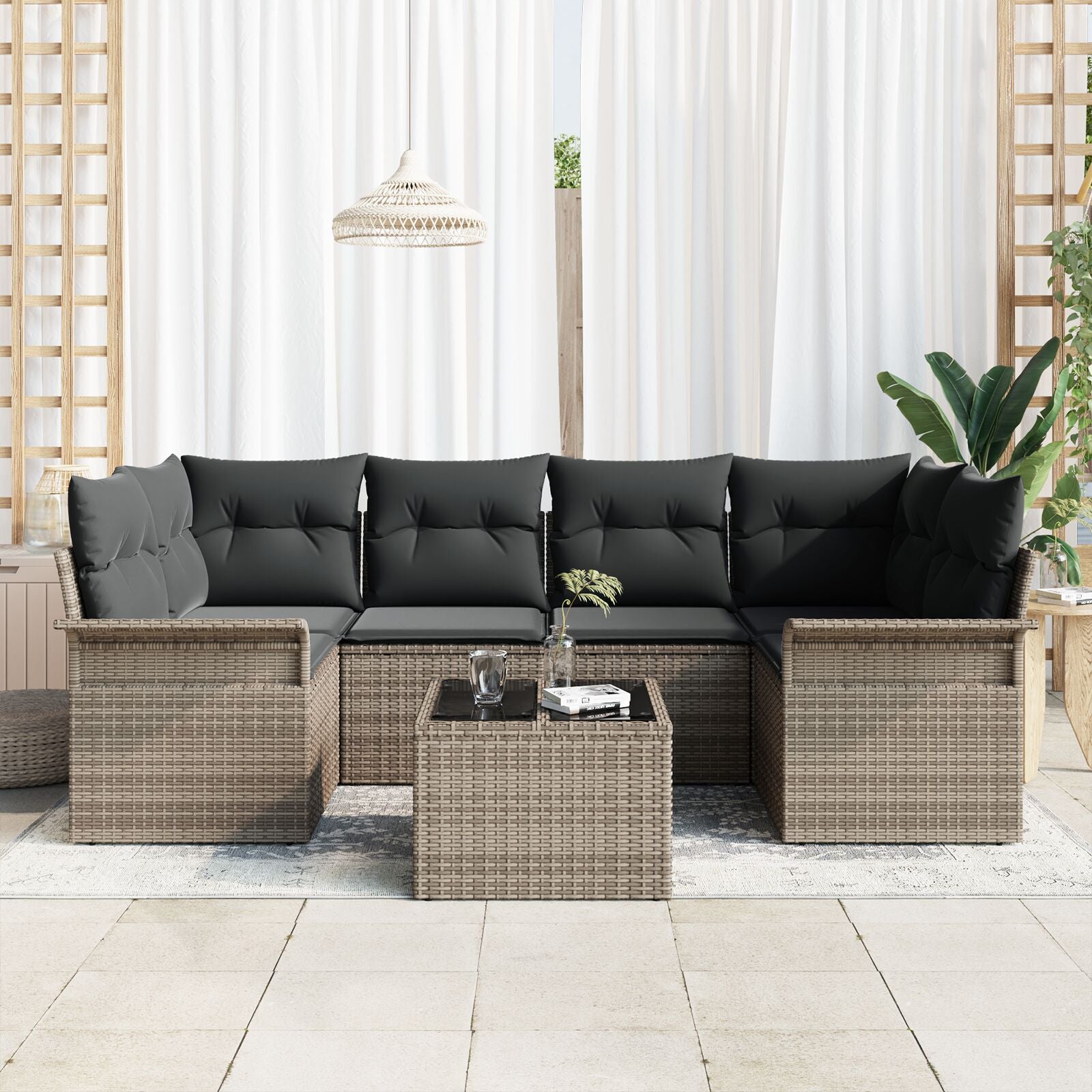 7-Delige Tuin Sofa Set Met Kussens Grijs Poly Rattan