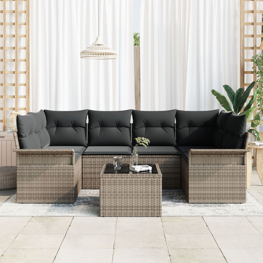 7-Delige Tuin Sofa Set Met Kussens Grijs Poly Rattan