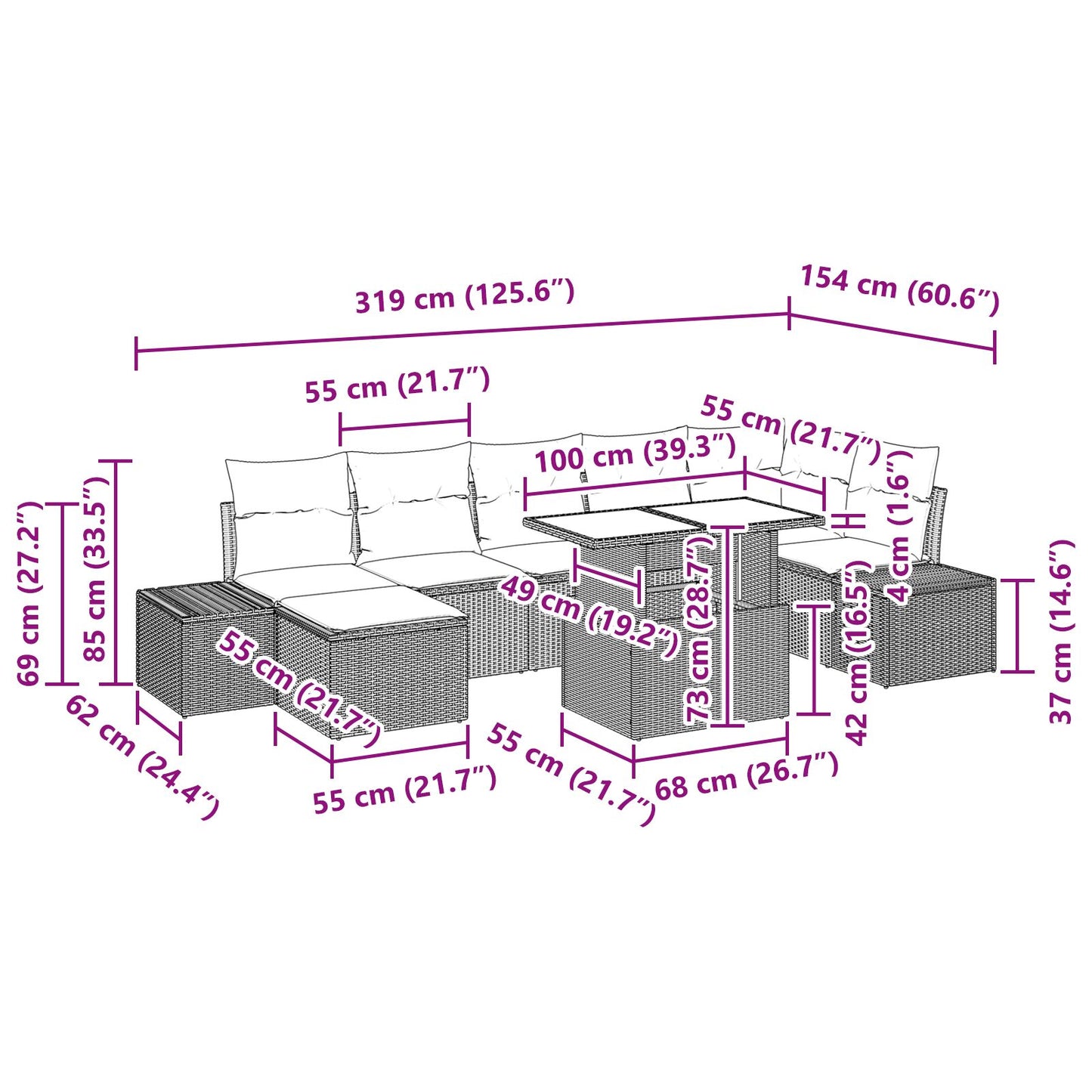 Tuinbankset Set Van 8 Grijs, Beige Rattan, Polyester
