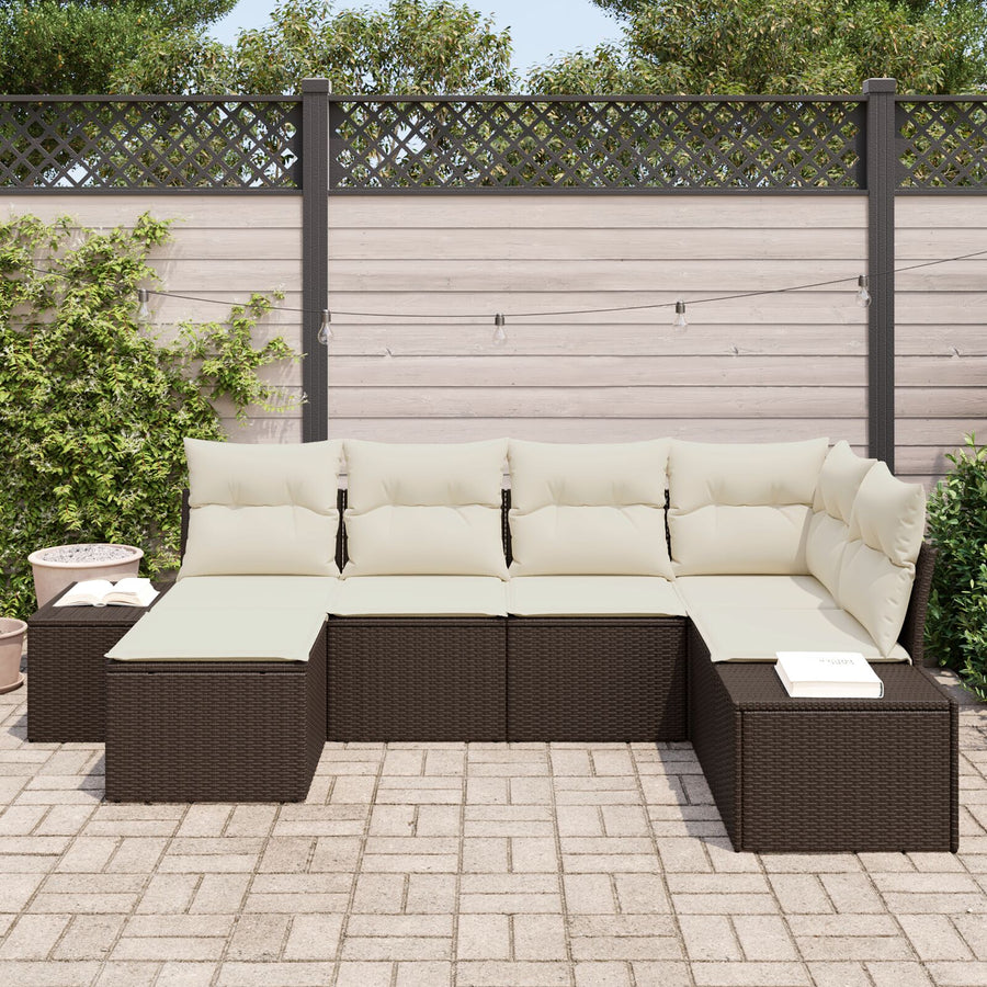 Tuin Sofa Set Set Van 6 Bruin En Wit Rattan, Polyester