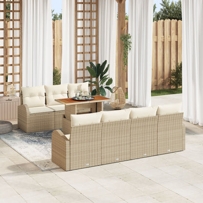 8-Delige Tuin Eettafel Set Met Kussens Beige Poly Rattan Acacia