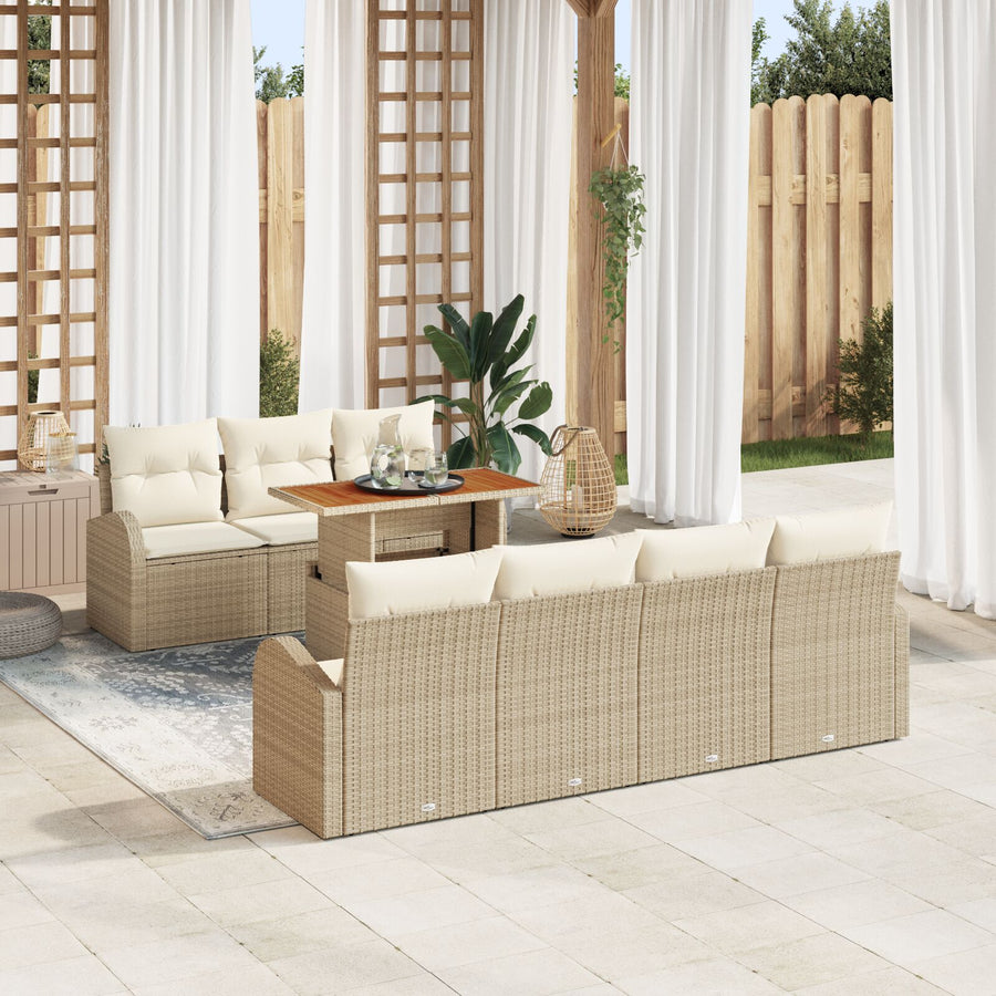8-Delige Tuin Eettafel Set Met Kussens Beige Poly Rattan Acacia