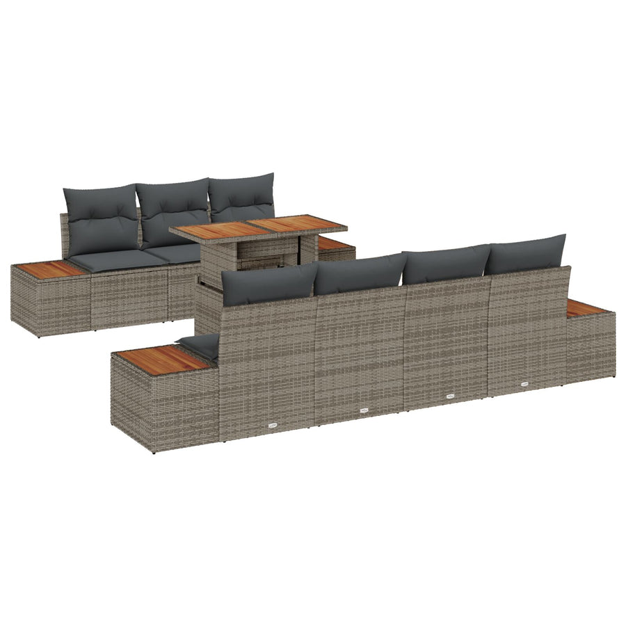 Tuinbank Set Set Van 8 Grijs Poly Rattan, Hout Tuinmeubels