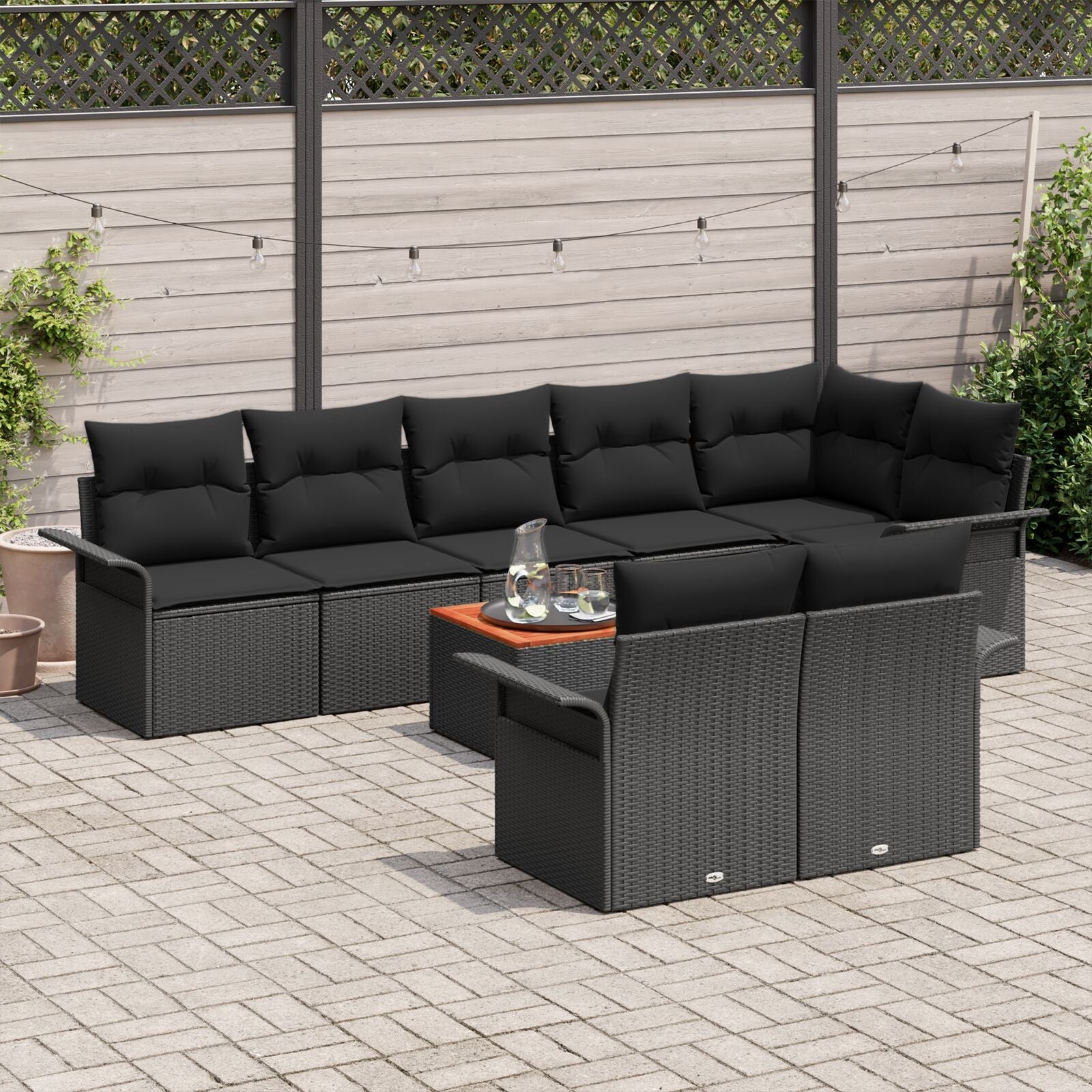 9-Delige Tuin Bankset Met Kussens Zwart Poly Rattan Acacia