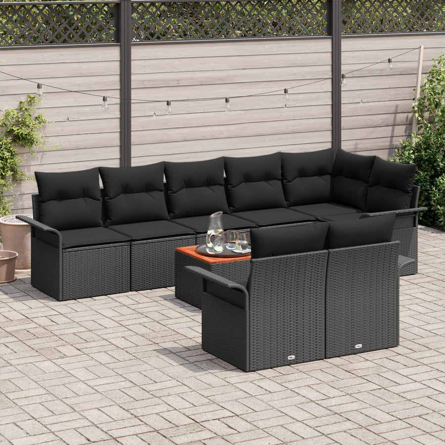 9-Delige Tuin Bankset Met Kussens Zwart Poly Rattan Acacia