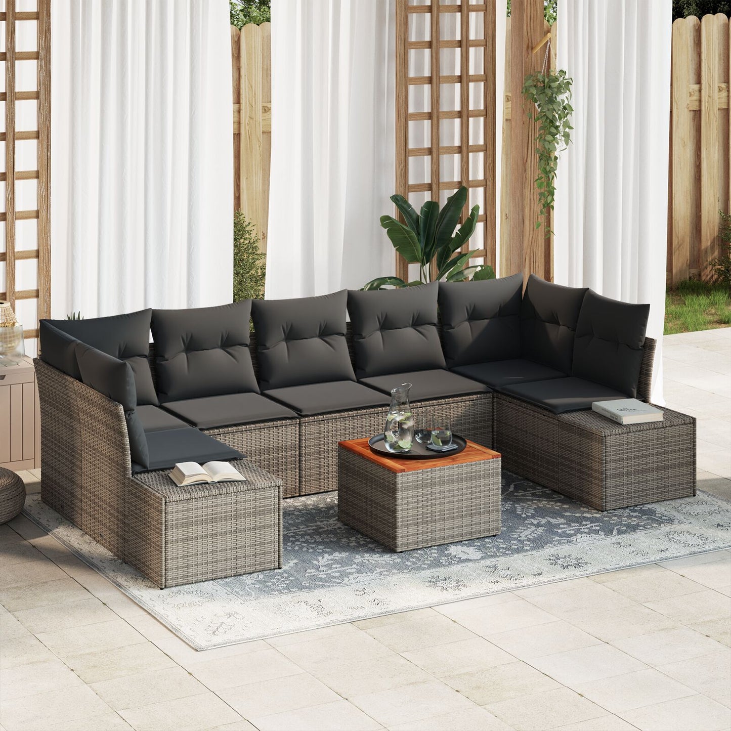 8 Delig Tuin Sofa Set Met Kussens Grijs Poly Rattan Acacia