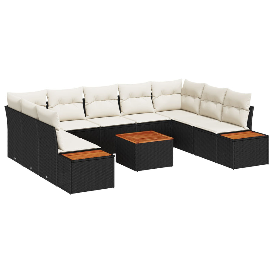 10 Delige Tuin Sofa Set Met Kussens Zwart Poly Rattan Acacia