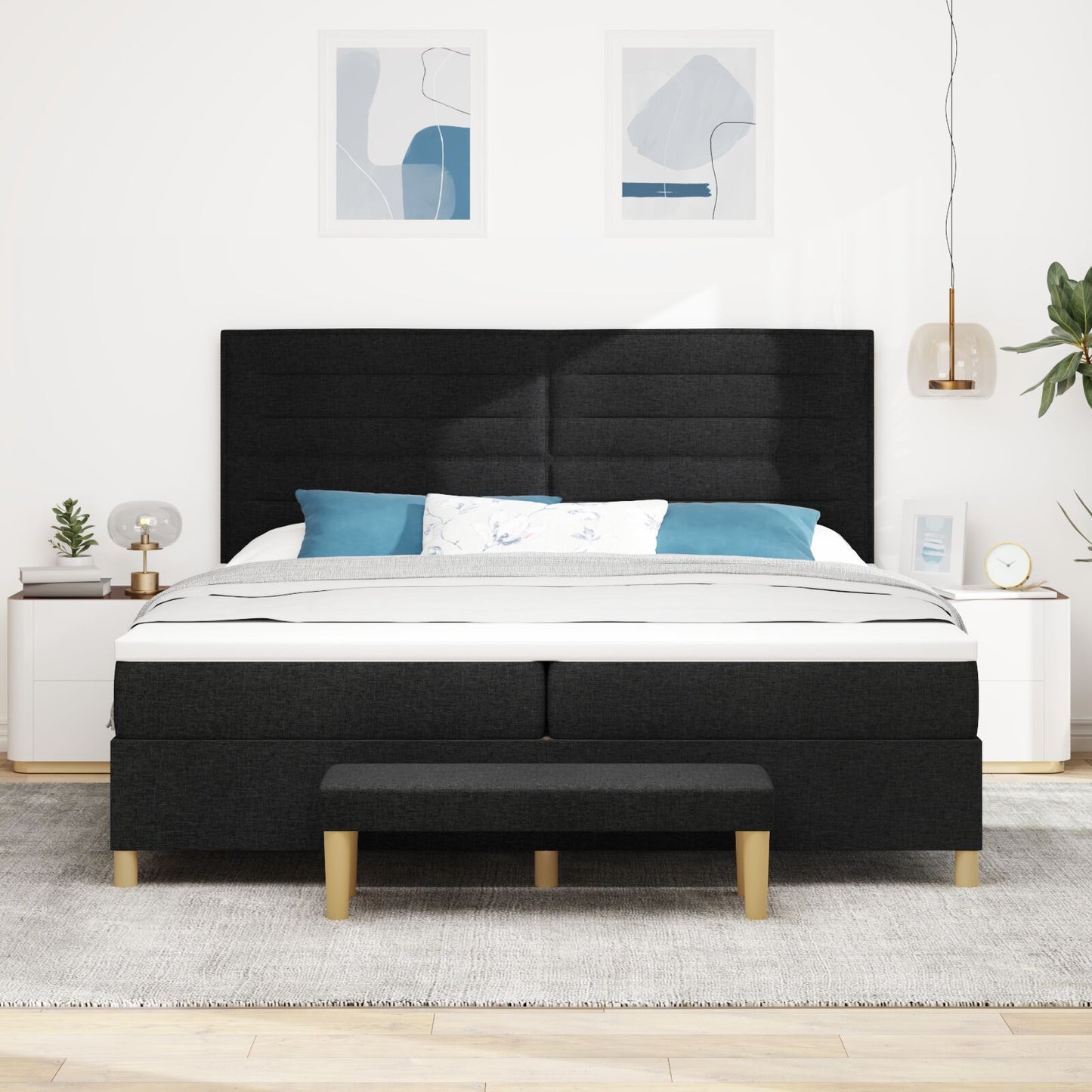 Boxspring Bed Met Matras & Bank Stof Zwart 200 x 200 cm Lijnen ontwerp
