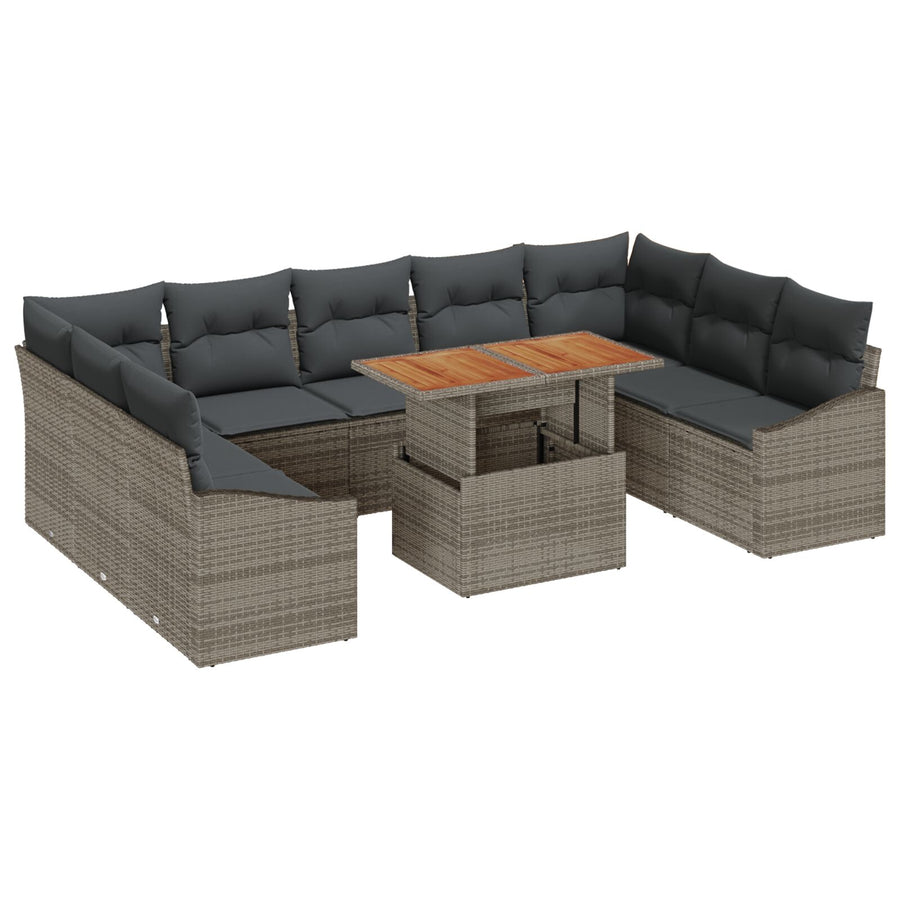 10-Delige Tuinbankset Met Kussens Grijs Poly Rattan