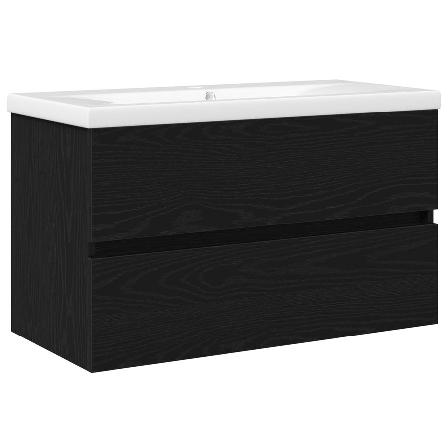 Wastafelkast Met Ingebouwde Wastafel Zwart Eiken Engineered Hout,  Wastafelkast Zwart Eiken 80X38.5X45 Cm Engineered Hout