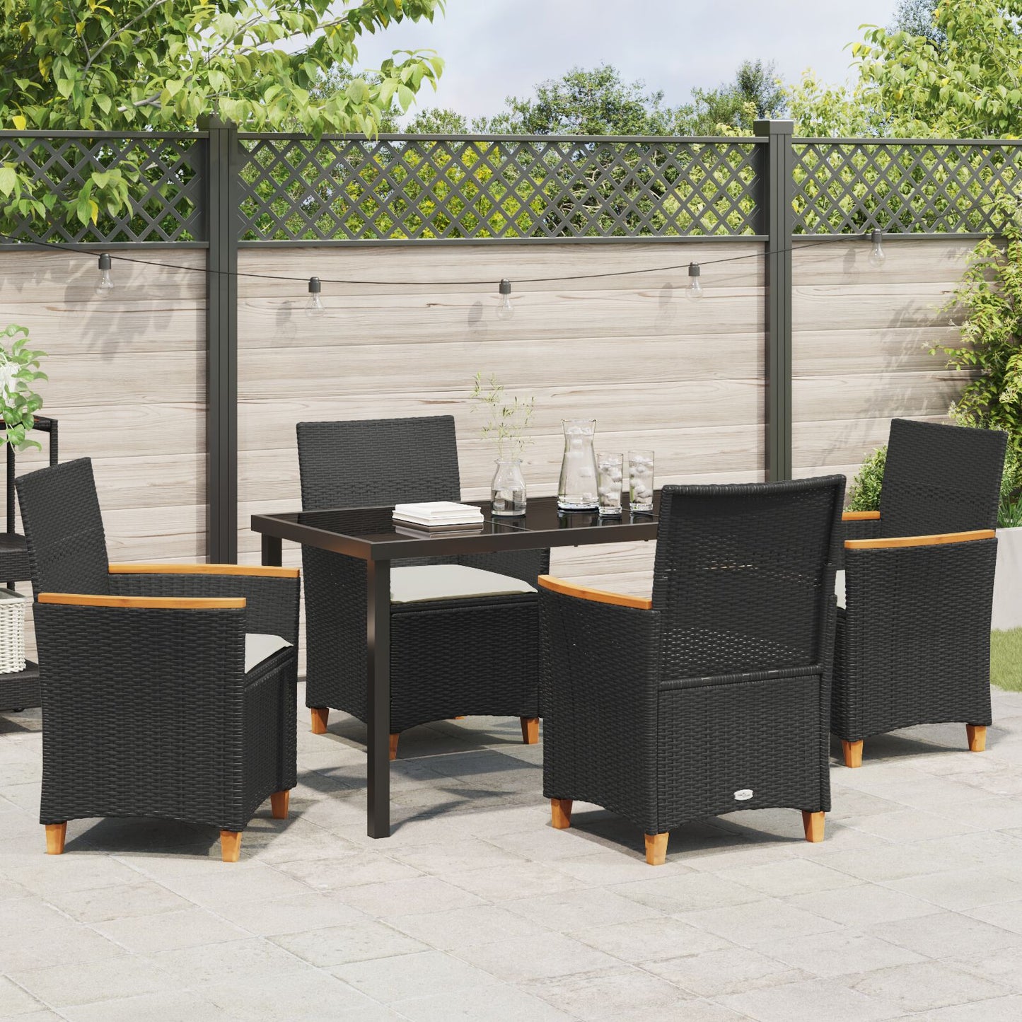 5-Delige Tuin Eetset Met Kussens Zwart Poly Rattan