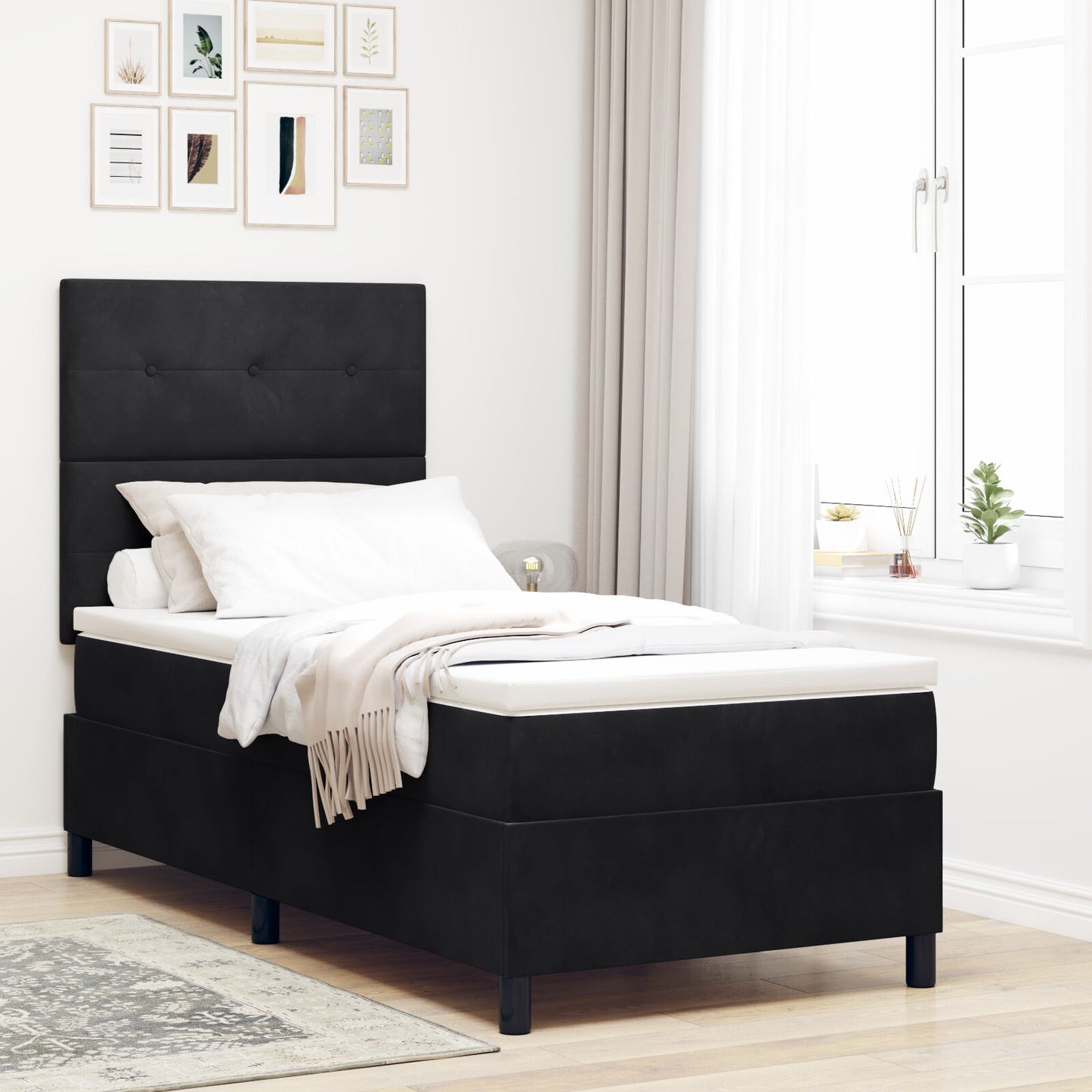Boxspring Bed Met Matras Zwart 100X200 Cm Fluweel Blauw