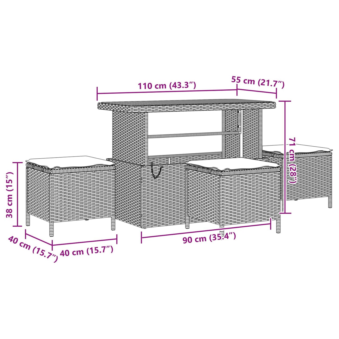 4 Delige Tuin Eettafelset Met Kussens Poly Rattan Acacia 110 cm Beige en grijs 3 krukken