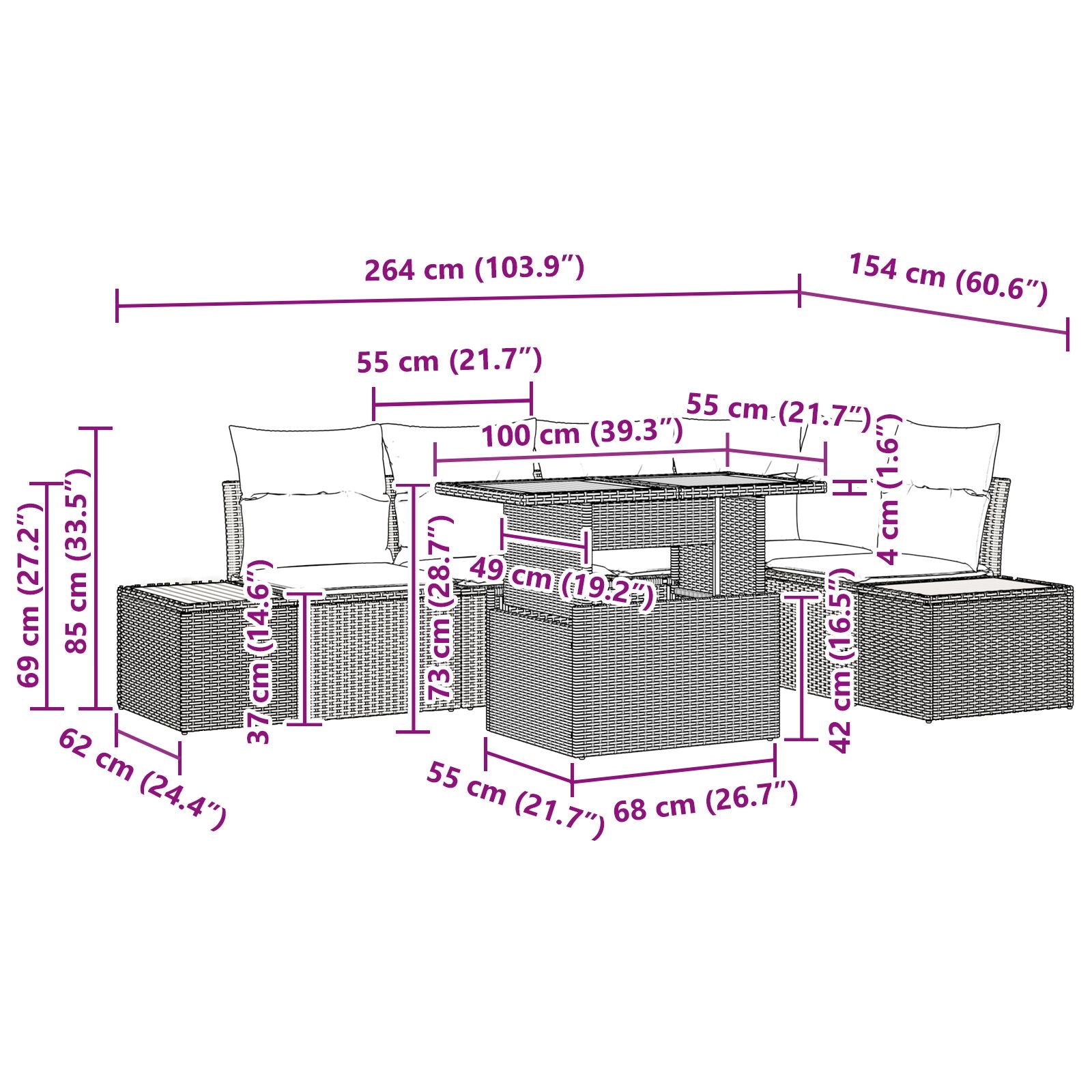 Tuin Sofa Set Set Van 6 Zwart, Crème Riet, Polyester
