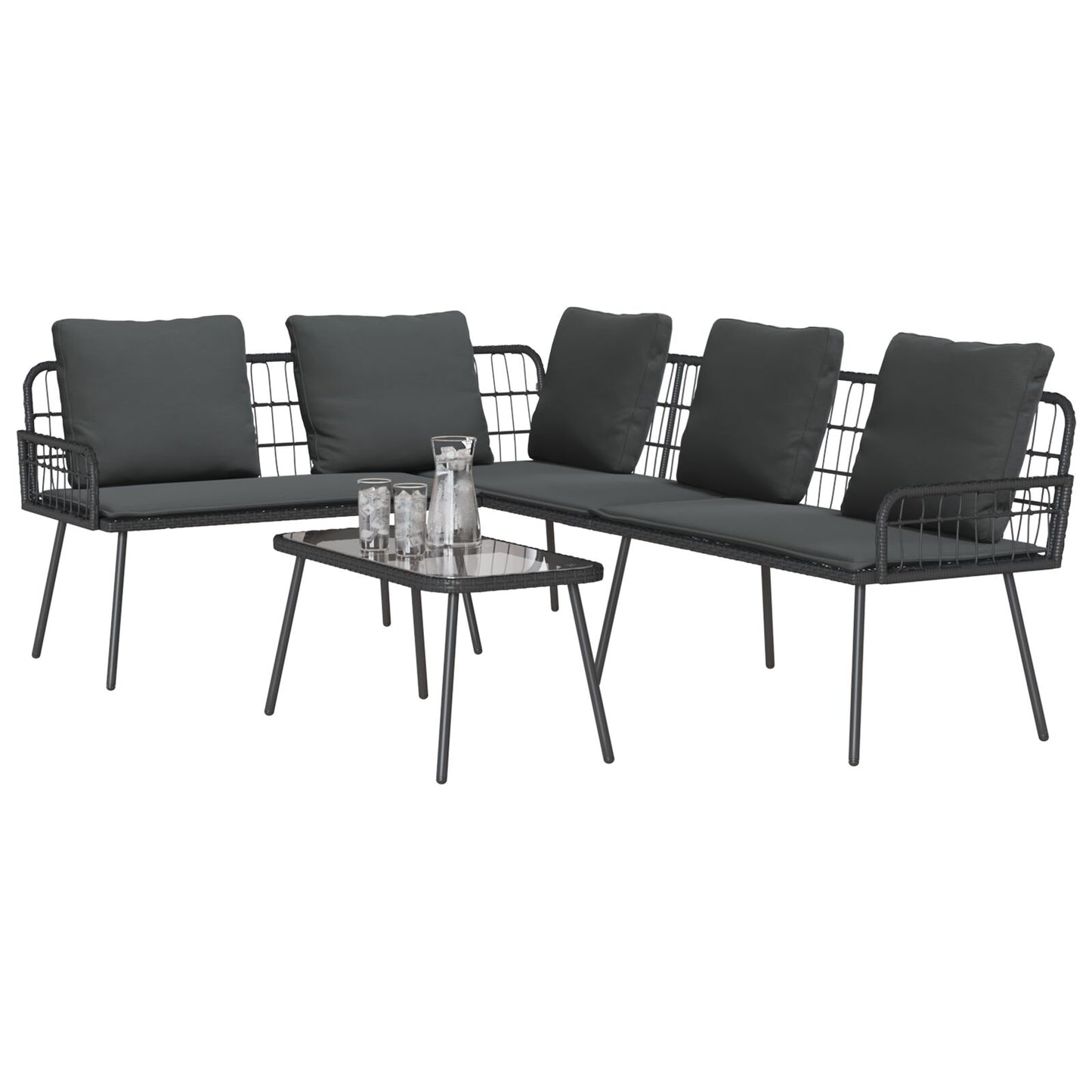 2-Delige Tuinbankset Met Kussens Poly Rattan Zwart Bank + tafel