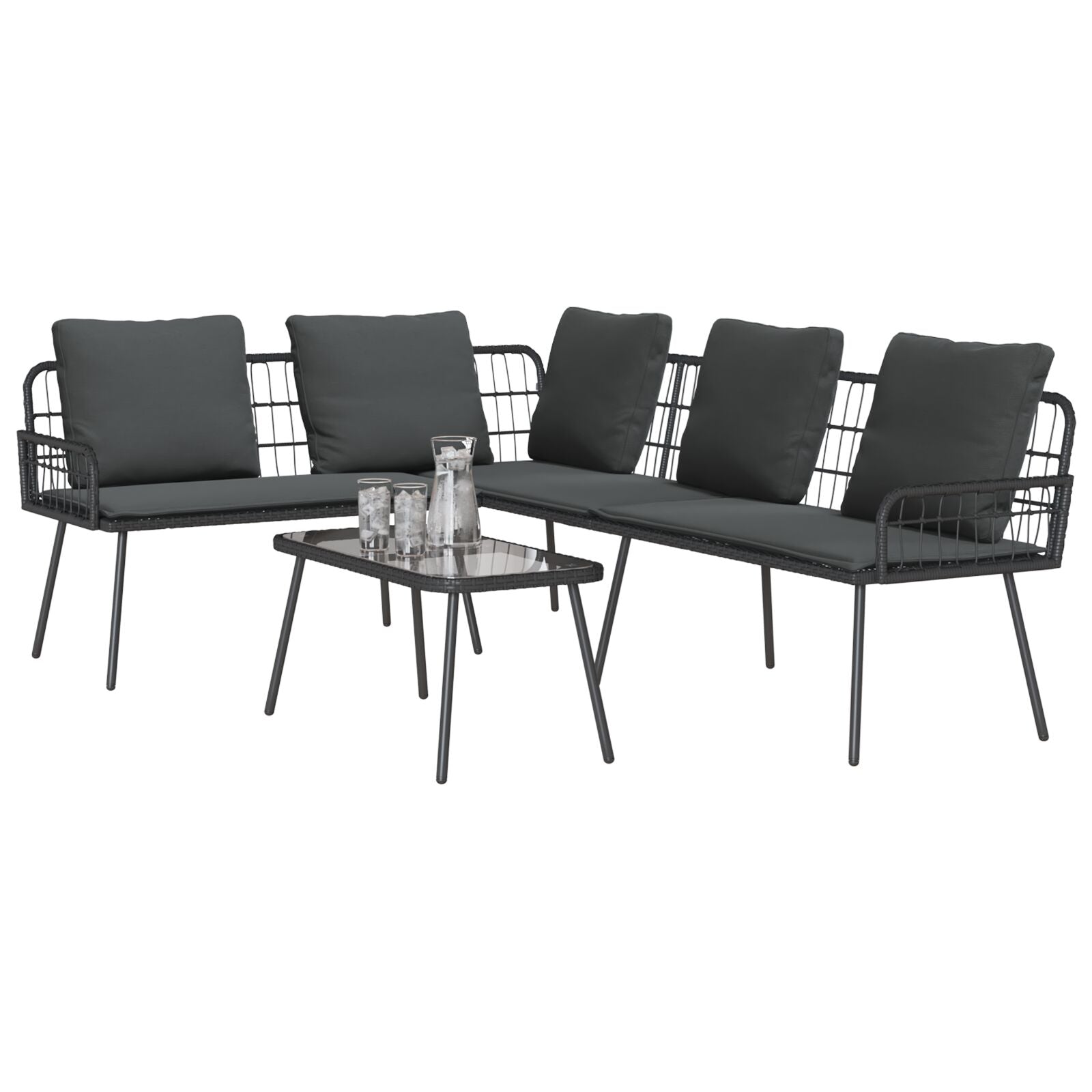 2-Delige Tuinbankset Met Kussens Poly Rattan Zwart Bank + tafel