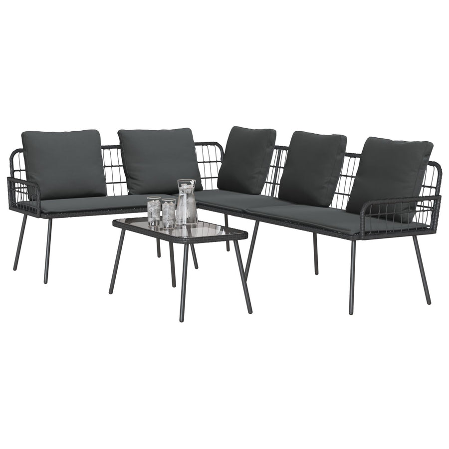 2-Delige Tuinbankset Met Kussens Poly Rattan Zwart Bank + tafel
