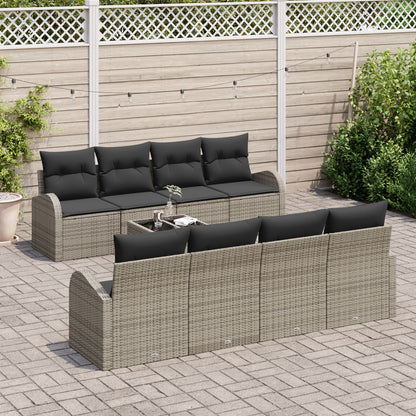 9-Delige Tuinbank Set Met Kussens Grijs Poly Rattan