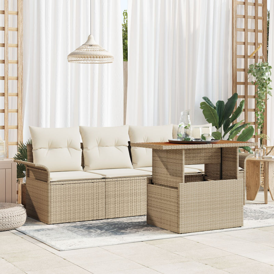 5-Delige Tuinbankset Met Kussens Beige Poly Rattan Acacia