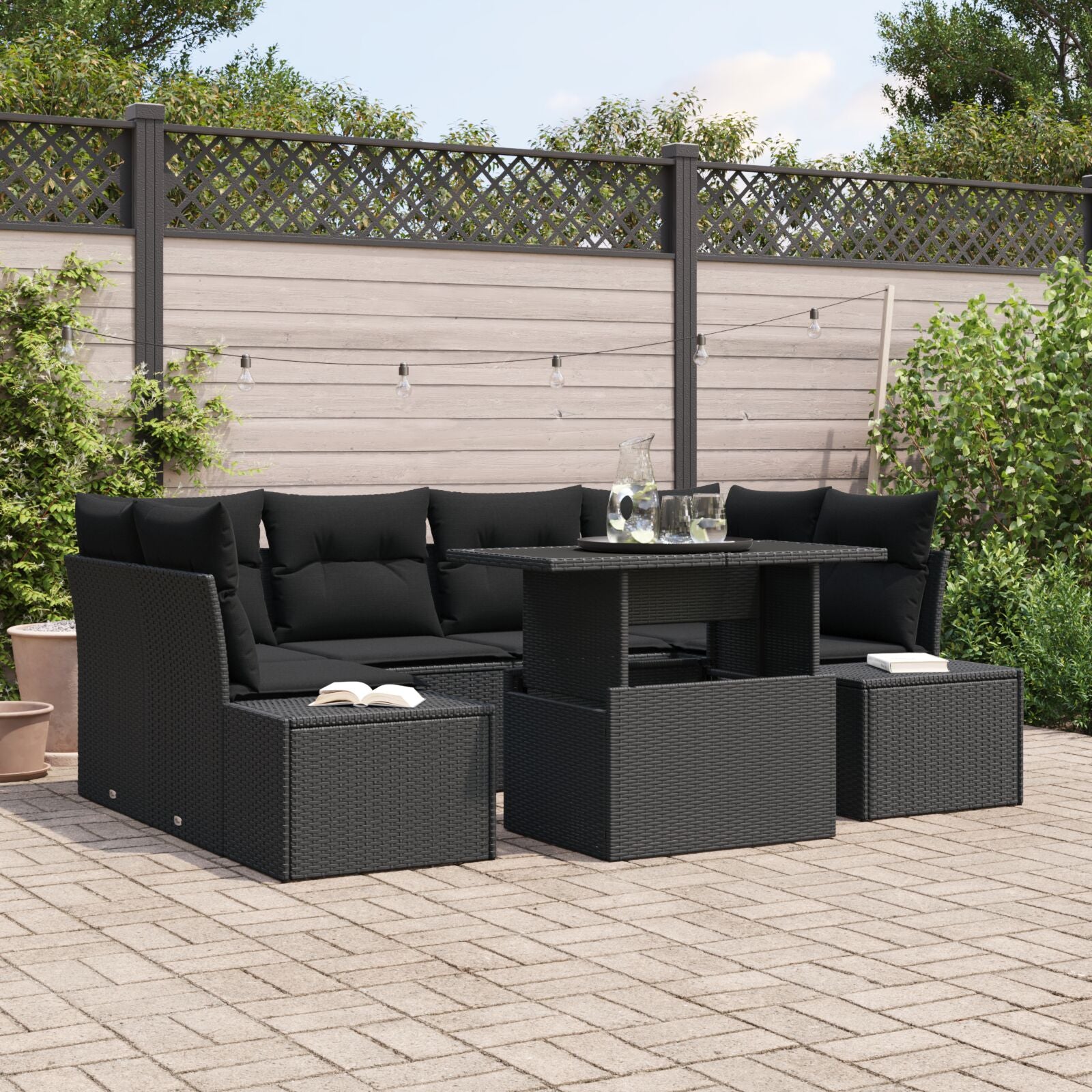 7 Delige Tuin Sofa Set Met Kussens Zwart Poly Rattan