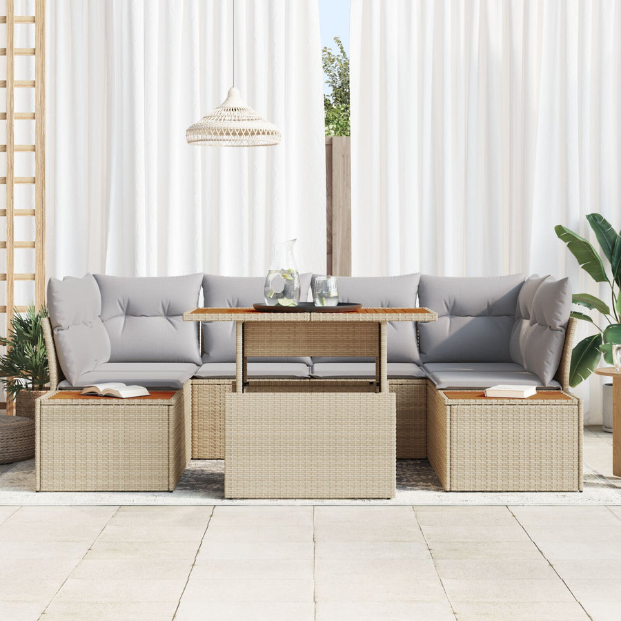 7-Delige Tuin Eetset Met Kussens Beige Poly Rattan Acacia