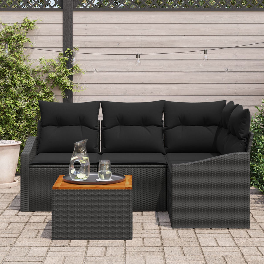 5-Delige Tuinbank Set Met Kussens Zwart Poly Rattan Acacia