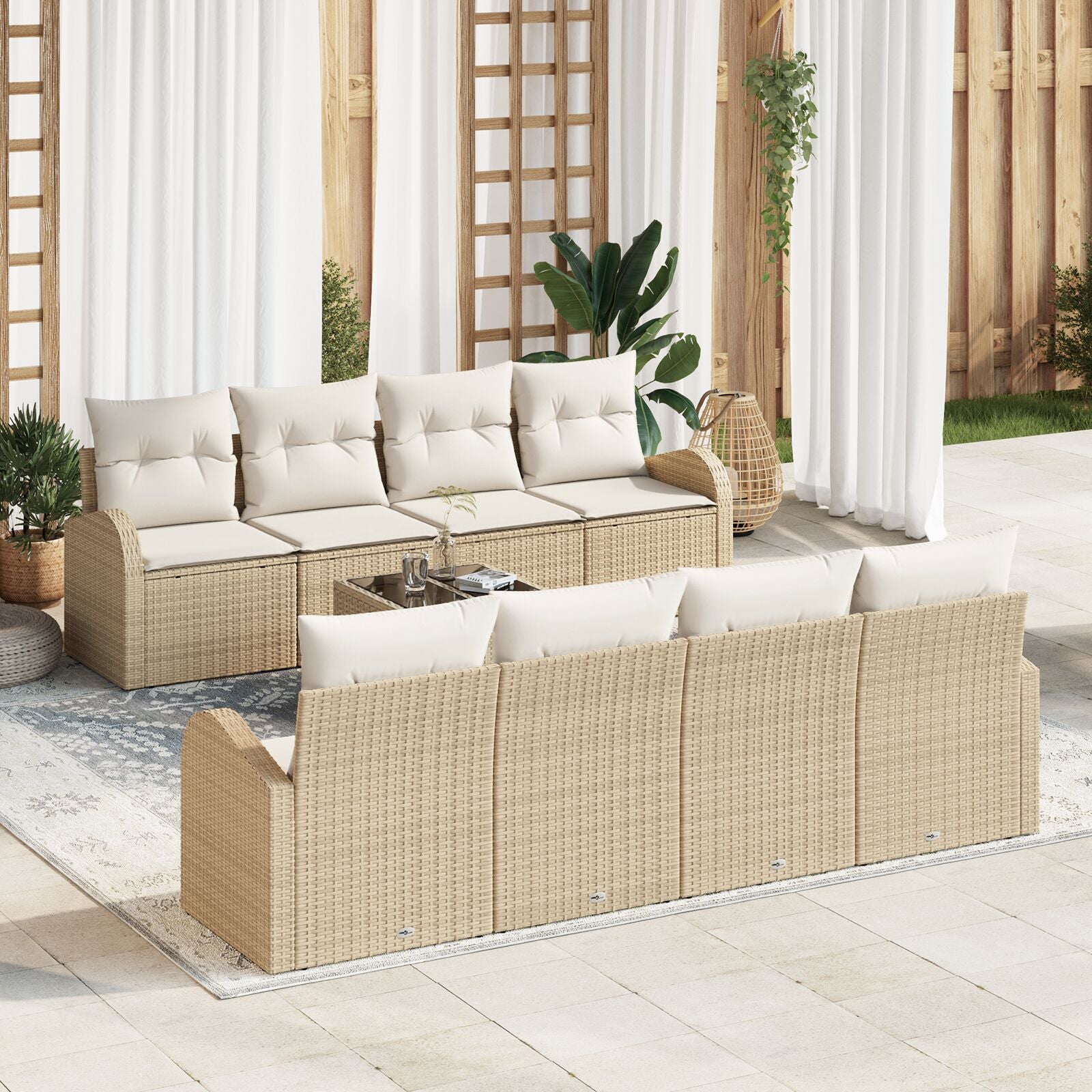 9-Delig Tuinbank Set Met Kussens Beige Poly Rattan