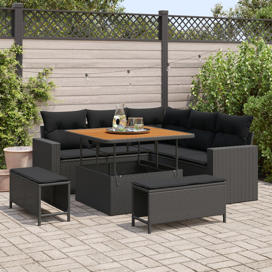 8-Delige Tuin Sofa Set Met Kussens Zwart Poly Rattan Acacia, 3-Delige Tuin Eetset Met Kussens Zwart Poly Rattan Acacia Wit
