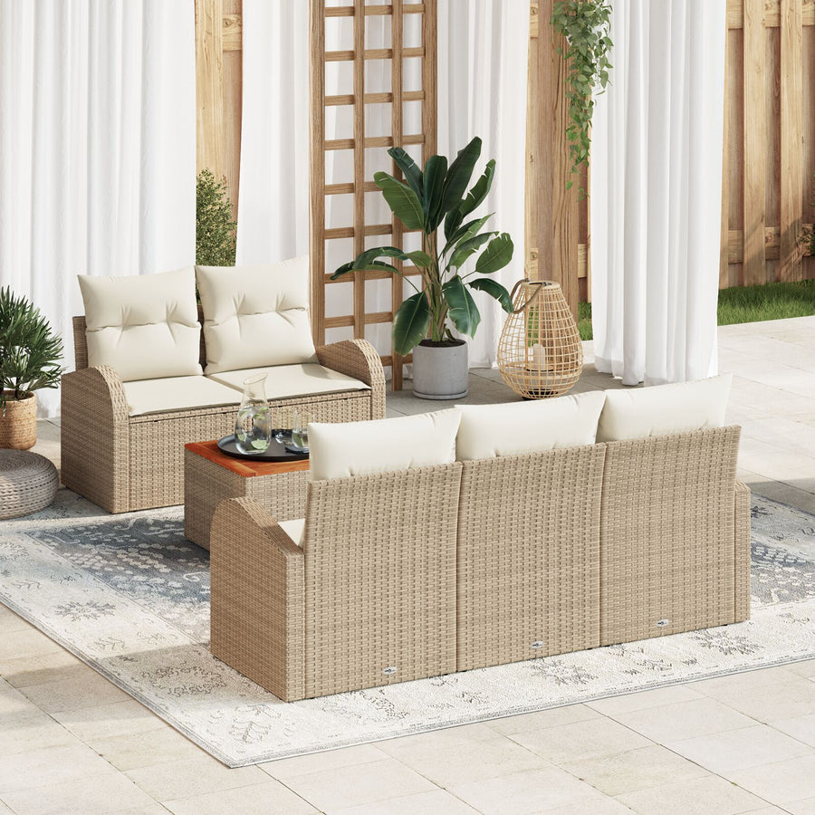6 Delige Tuin Sofa Set Met Kussens Beige Poly Rattan Acacia