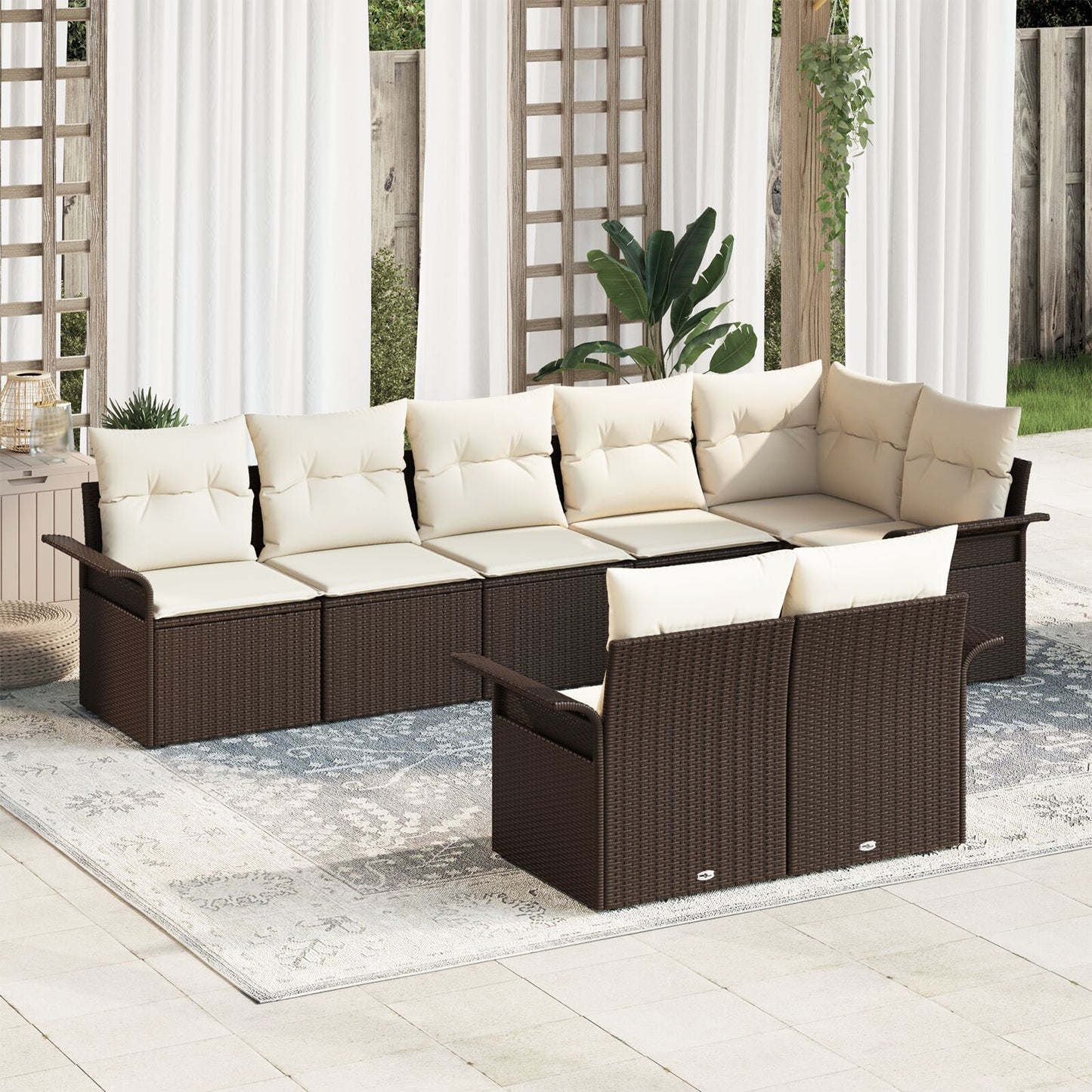 8-Delige Tuinsofa Set Met Kussens Poly Rattan Bruin en crème zonder tafel