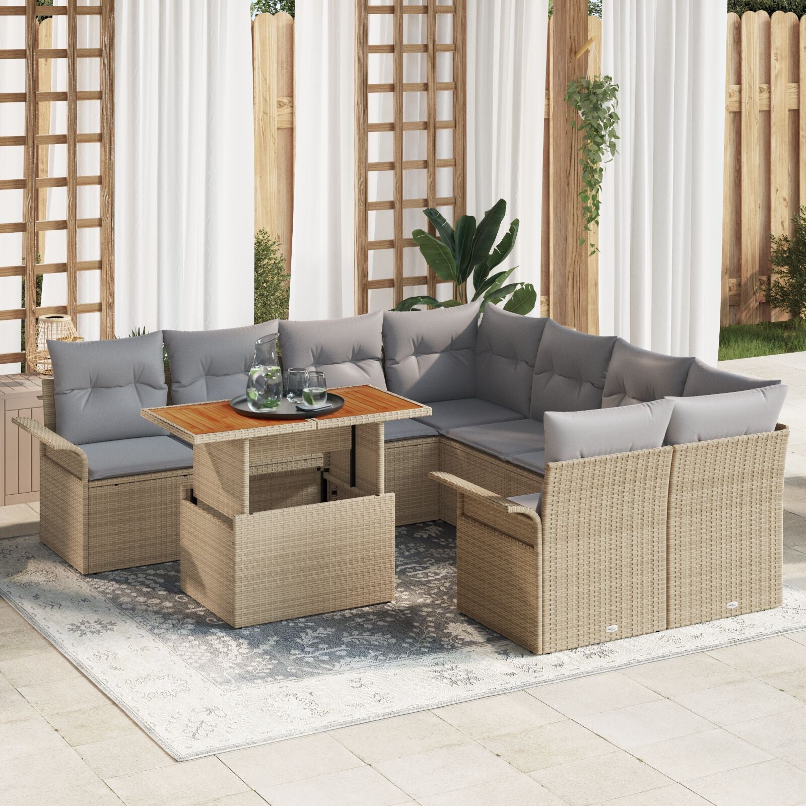 9-Delige Tuin Sofa Set Met Kussens Beige Poly Rattan Acacia