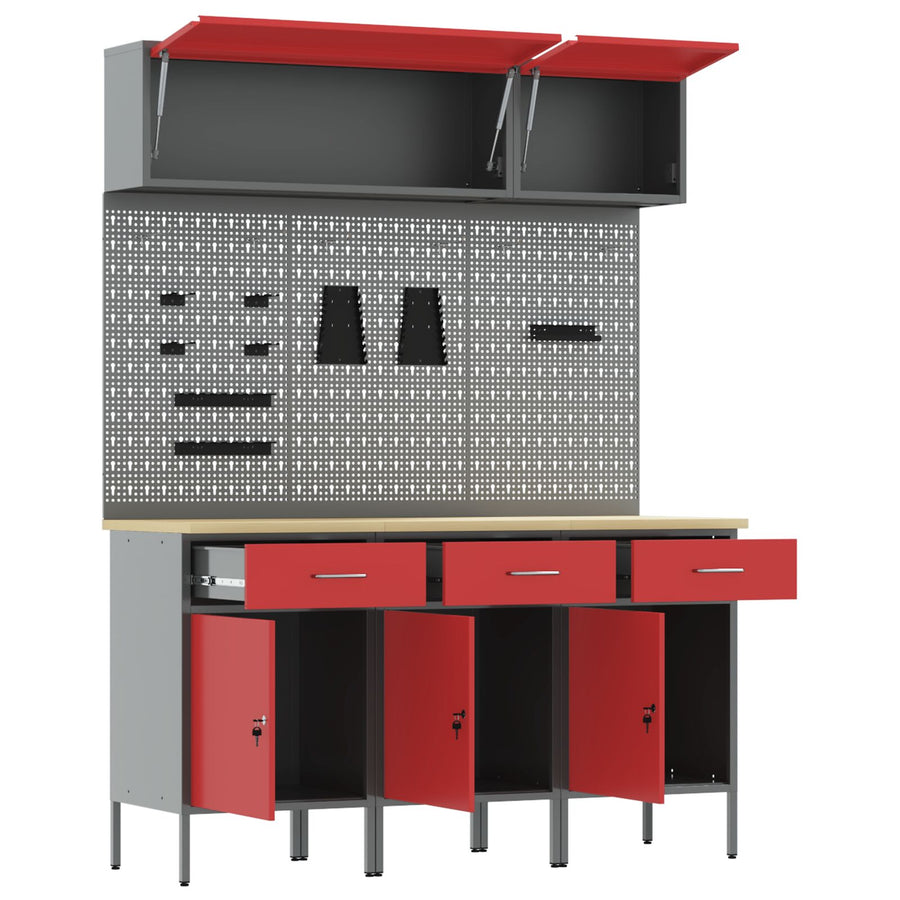 8-Delige Werkbankset Staal 3x (84 cm) Rood 3x kast + 3x pegboard + 2x kast met deur