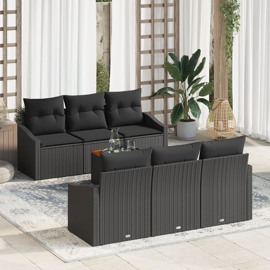 7-Delige Tuinbankset Met Kussens Zwart Poly Rattan Acacia