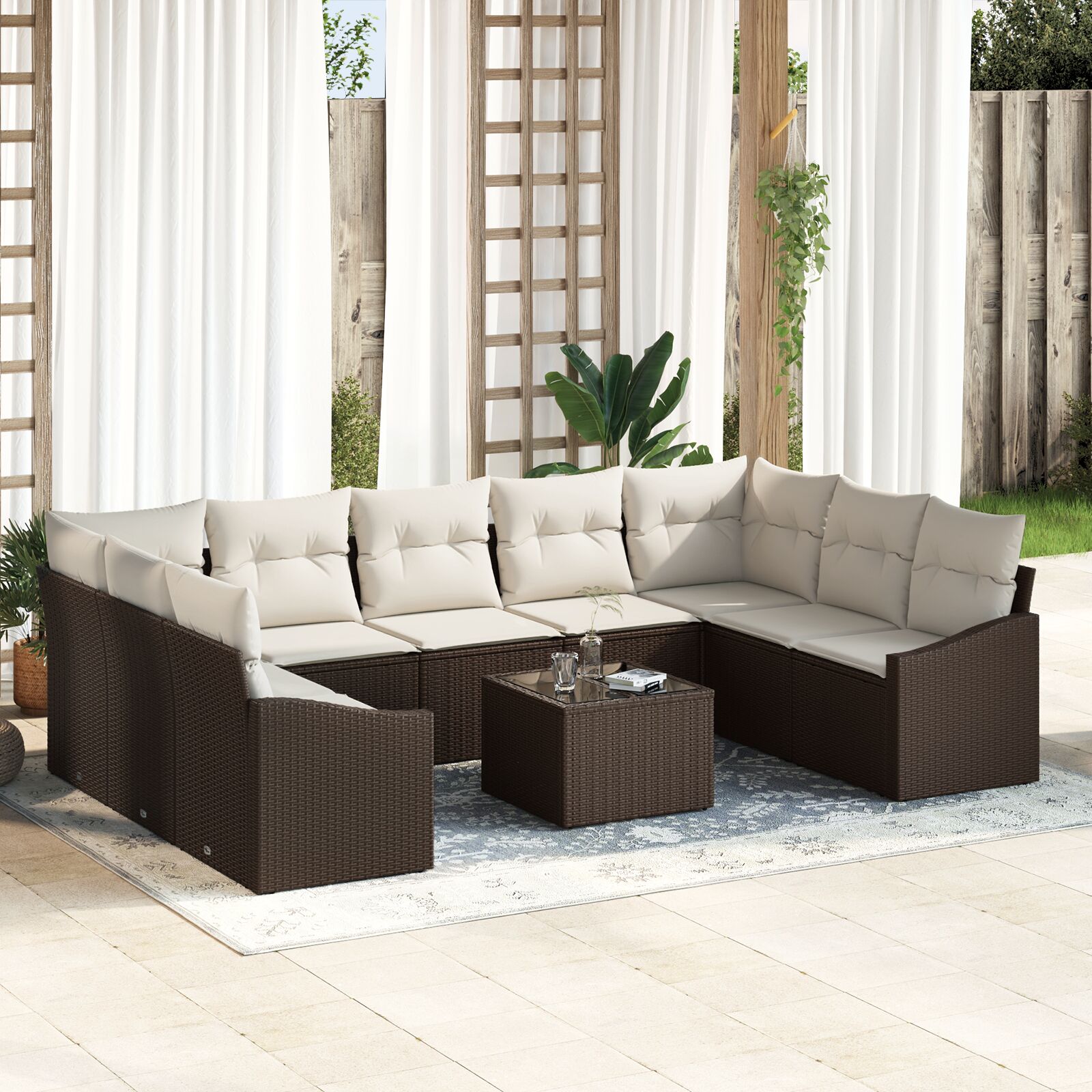 9-Delige Tuinbankset Met Kussens Grijs Poly Rattan Bruin en crème met tafel