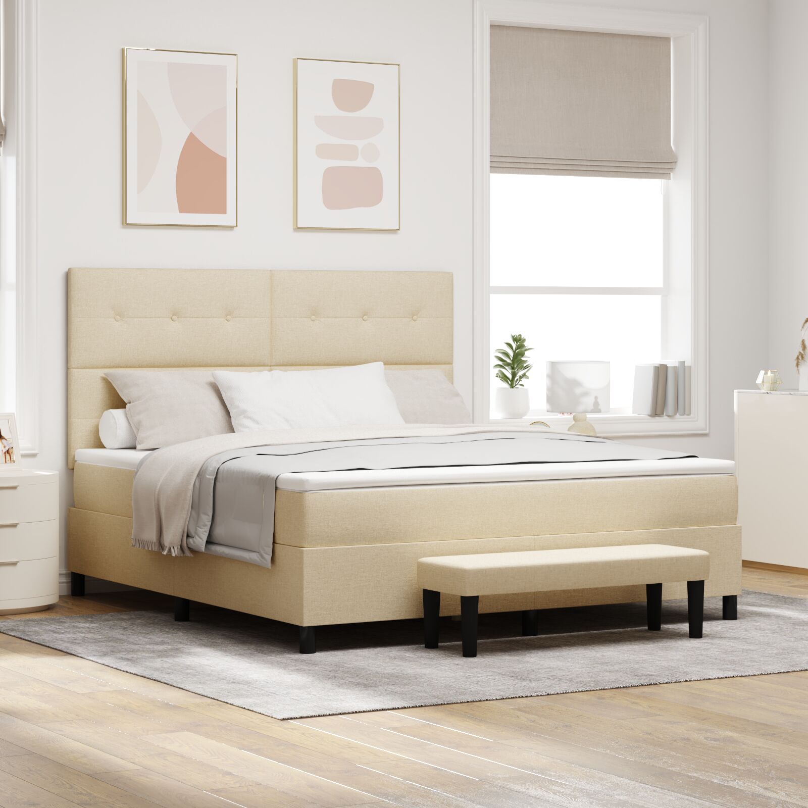 Boxspring Bed Met Matras & Bank Stof Crème 180 x 200 cm Knop tufted