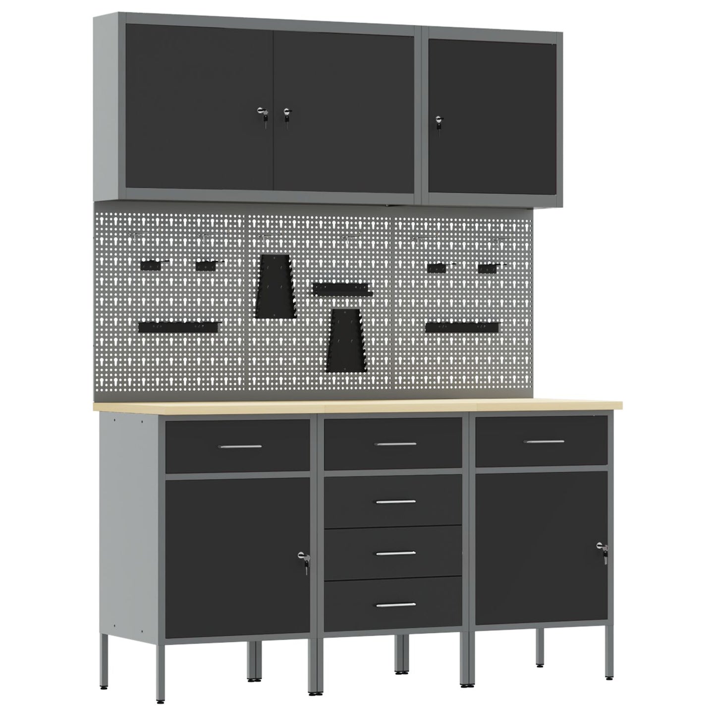 8-Delige Werkcabinet En Pegboard Set Mdf En Metaal 3x (84/84/85 cm) Zwart 3x kast + 3x pegboard + 2x gereedschap kast